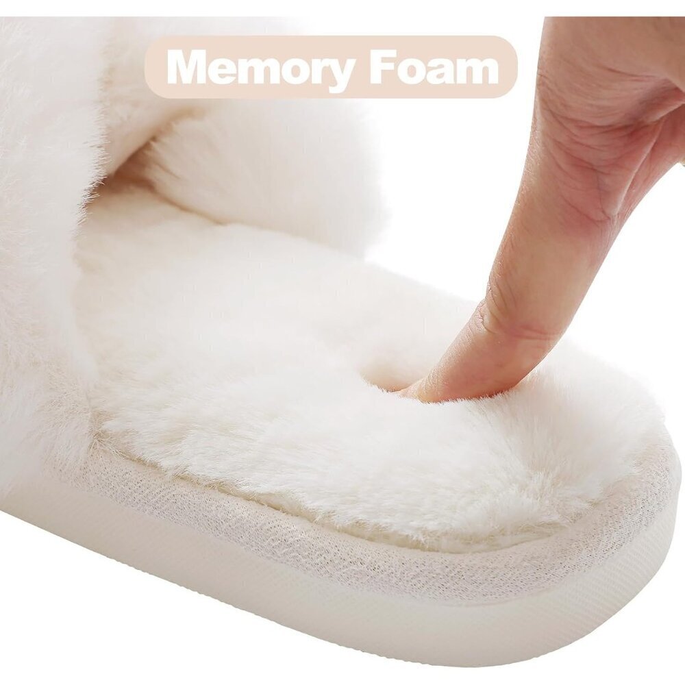 🆕Women's White Fuzzy Slippers Cross Band Memory Foam Faux-fur Open Toe Shoes - Picture 11 of 13